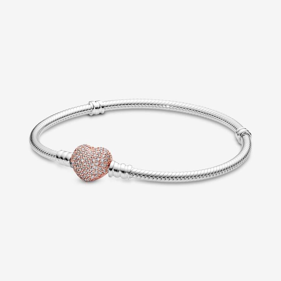 Pandora Moments Pave Heart Clasp Snake Chain Bracelet 19 cm
