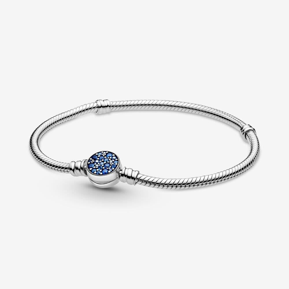 Pandora Moments Sparkling Blue Disc Clasp Snake Chain Bracelet 18 cm
