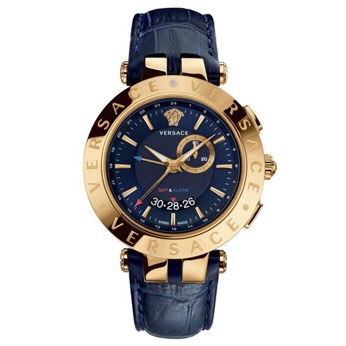 Versace 29G70D282S282 V-Race GMT Alarm Gold Bezel Navy Dial Men's Watch