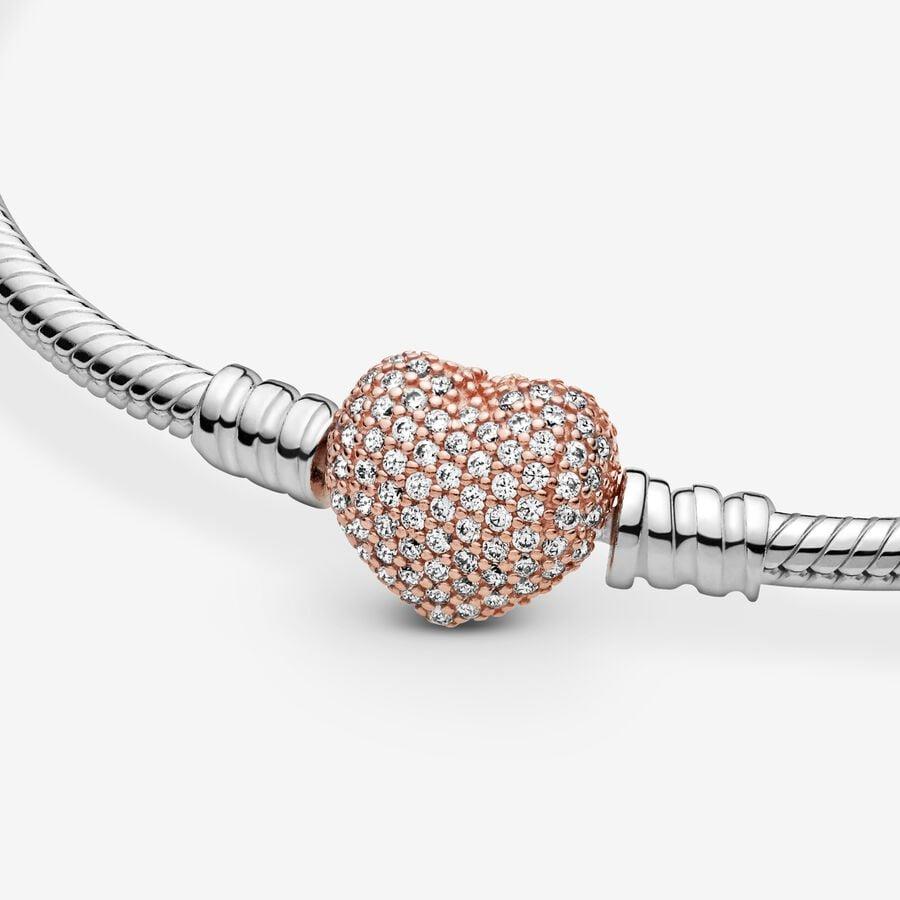 Pandora Moments Pave Heart Clasp Snake Chain Bracelet 21 cm