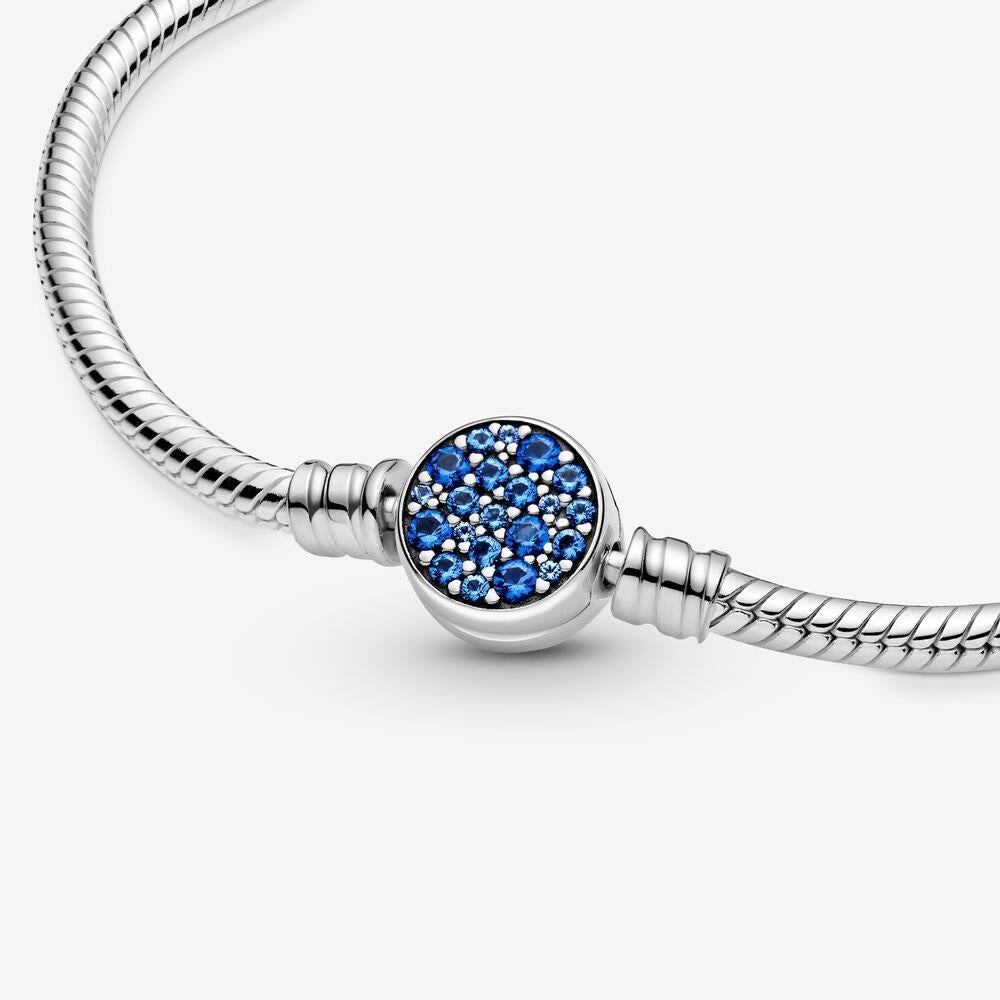 Pandora Moments Sparkling Blue Disc Clasp Snake Chain Bracelet 18 cm